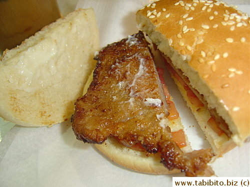 Nice soft hamburger bun and well-seasoned pork chop